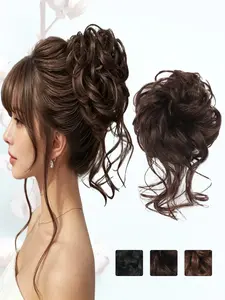 KAIRIYA Fluffy Curly Messy Bun Hair Piece - 10 Inch Tousled Updo with Elastic Band & Clip - Synthetic Hair Extension Scrunchie for Women, Wavy Ponytail Everyday Style, Synthetic Clip Hairpiece, Synthetic Extensions, Bohemian Curls