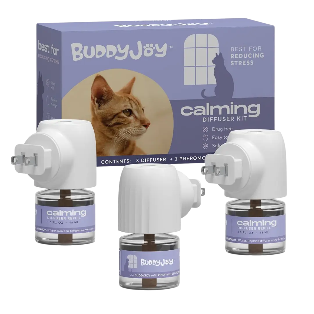 BUDDYJOY Cat Calming Diffuser Kit – Long-Lasting 30-Day Formula with Pheromones for Stress Relief, Relaxation, and Anxiety Reduction in Cats Easy to Use – (3 Diffusers + 3 Refills)