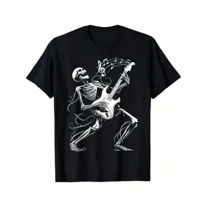 Male Rock Band Skull Guitarist Pattern T-Shirt - Black and White Music T-Shirt, Electric Guitar and Stage Performance Design, Breathable Loose Round Neck, Machine Washable Casual Shirt, Suitable for Concerts, Casual Wear and Rock Style Clothing