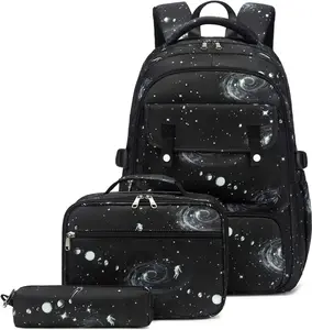 Galaxy Backpack for Boys with Lunch Box Set, 3 count Boys Bookbag for Elementary, 3 in 1 Teens Space Printed School Bag