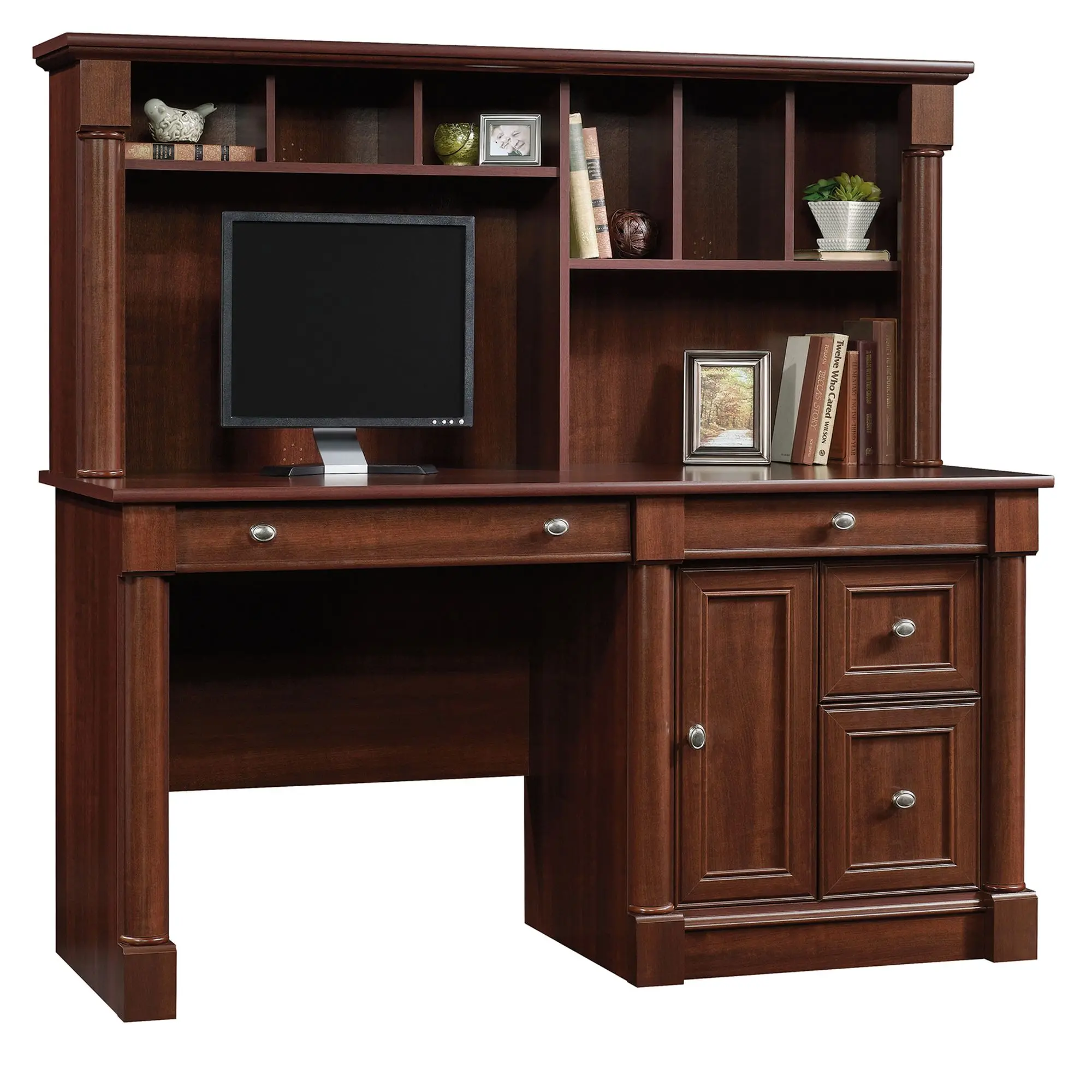 Sauder Palladia Office Computer Desk with Hutch - WFH Setup, Studio & Streamer Setup Essential, Office Inspo Furniture with Spacious Tabletop, Smooth-Gliding Drawer, Hidden Storage, Adjustable Shelf, Cubbyhole, Vertical Compartments, Organization
