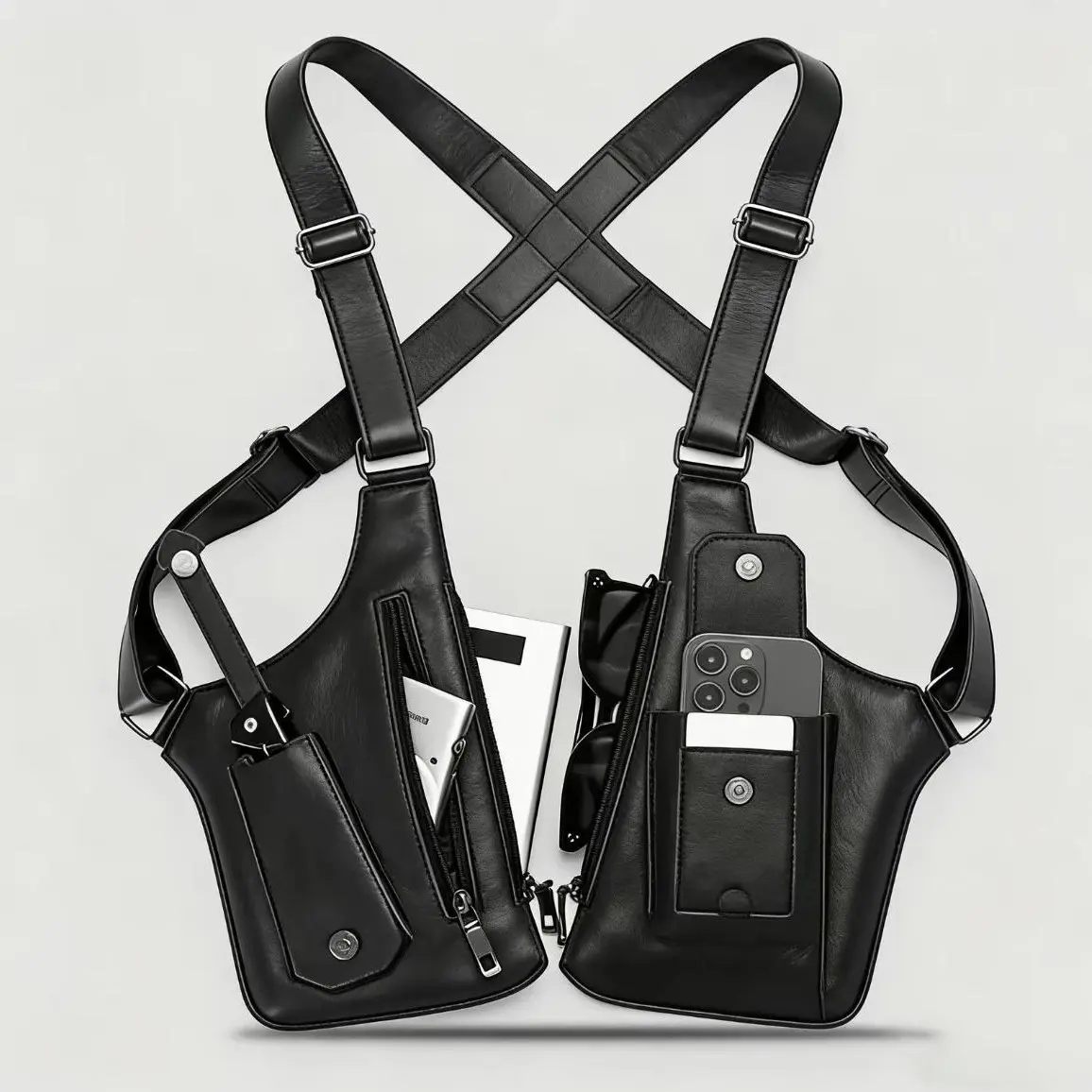 Men’s Underarm Harness Bag, PU Leather Crossbody Chest Pack with Phone Wallet Holder