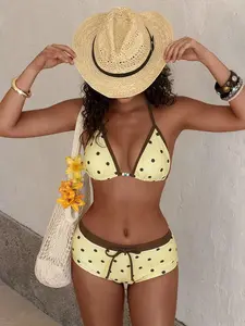 Women's 2-Piece Retro Yellow Polka Dot Color Block Bikini Set, 2000s Cute Clothes for Beach & Vacation, Trendy Women's Clothing Bikinis Set Swimwear,summervibes outdoorfun