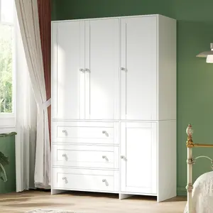 VOWNER 71" Wooden Armoire Wardrobe Closet - 4-Door Clothes Storage Cabinet with Hanging Rod, Drawers and Mirror, Large Capacity Indoor Furniture for Bedroom