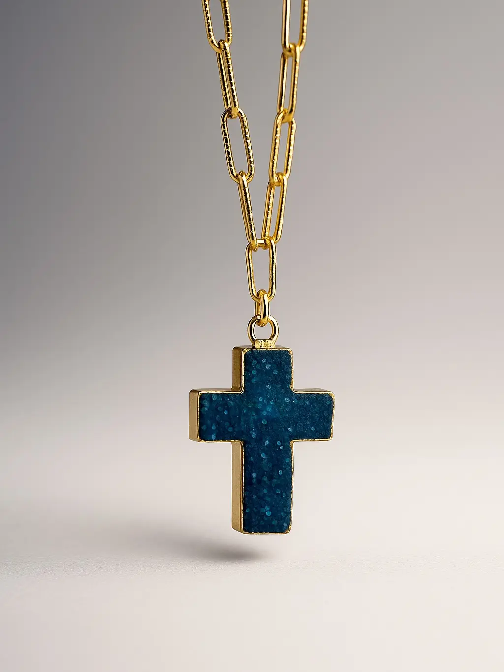Blue Crystal Choker Necklace with Gold Chain and Blue Cross Pendant