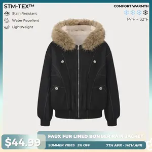 PUFFIT STM-TEX Faux Fur Lined Waterproof Bomber Jacket With Faux Fur Collar Hood,Elegant And Sophisticated,Enhances Warmth, Providing A Soft,Beautiful And Warm, Offering Both Style And Practicality,Y2K Style