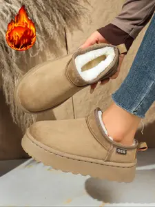 Women's Classic Ultra-Mini Faux Fur Lined Leather Boots, Warm Comfortable Winter Shoes, Fashion Design for Cold Weather, Round Toe Boot