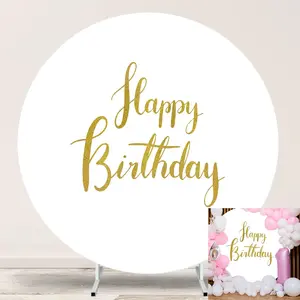 Happy Birthday Round Backdrop Cover 7.2ft,White Circle Background Stand Cover with 4Clips,7.2 Round Backdrop for Photography   Birthday Party Banner Decor