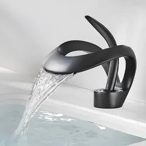 Waterfall Bathroom Sink Faucet Unique Brass Modern Waterfall Faucet for Basin Vanity Single Hole Pedestal Sink Faucets One Handle Corner Sink Bathroom Faucet Matte Black