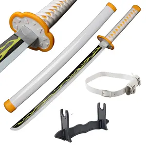 31 inches Bamboo Wooden Demon Slayer Cosplay Sword Agatsuma Zenitsu with white Belt & Holder Stand Display Anime Fans for Halloween Role Playing Props Cosplay Collection Decoration Christmas Gift Birthday