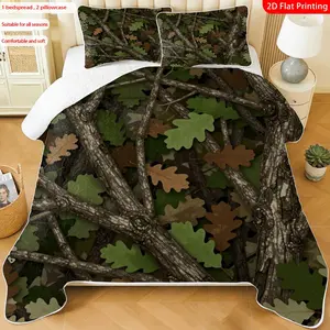 3pcs, 2D flat print Natural Woodland Camouflage bed cover set, multiple sizes available, bedding set, festive decorative bedding, ideal for bedroom décor(1 bedspread , 2 pillowcase)