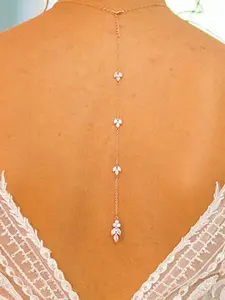 Rhinestone Back Chain Necklace,Leaves BackDrop Jewelry,Wedding Bridal Long Pearl Back Necklace Jewelry for Women Backless Dress