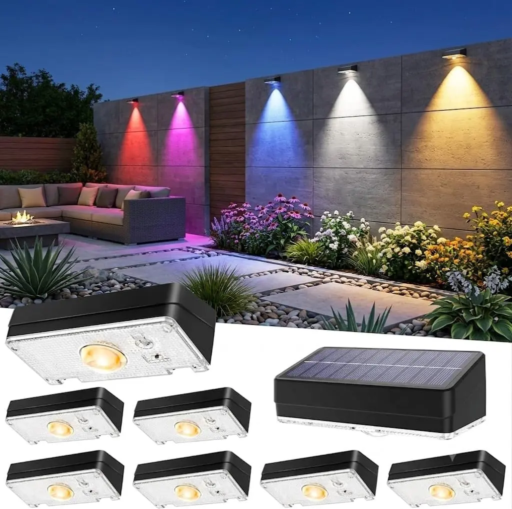 8Pcs Solar Fence Lights Outdoor Waterproof, Fence Lights Solar Powered, 12 RGB Color Modes  Warm White  Cool White, Fence Solar Light Outdoor for Backyard, Patio, Yard, Wall, Deck Ambient Glow Lighting