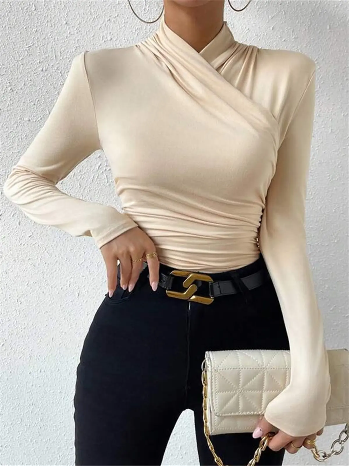 Women's Casual Cross-Over Collar Pleated Cinched Blouse Top