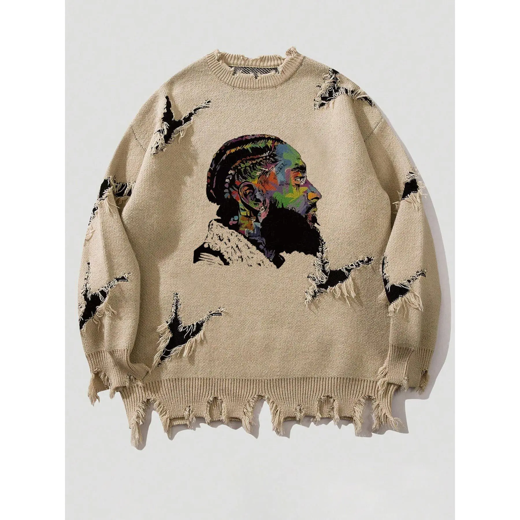 Men's Autumn Winter Street Fashion Brand Distressed Sweater Long Sleeve American Retro Knitwear with Unique Graphic