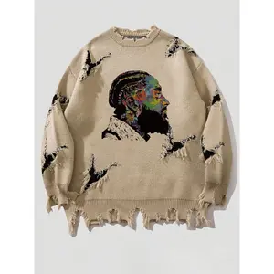 Men's Autumn Winter Street Fashion Brand Distressed Sweater Long Sleeve American Retro Knitwear with Unique Graphic