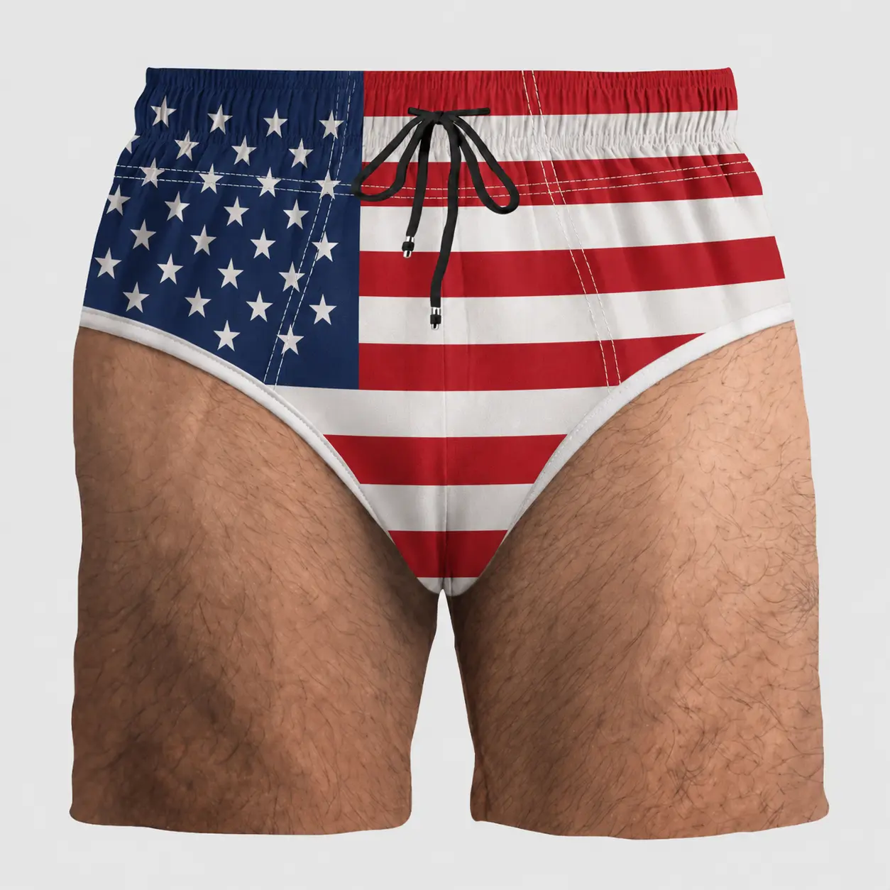 America Flag Funny Swim Shorts for Men Faux Hairy Legs Beach Board Shorts