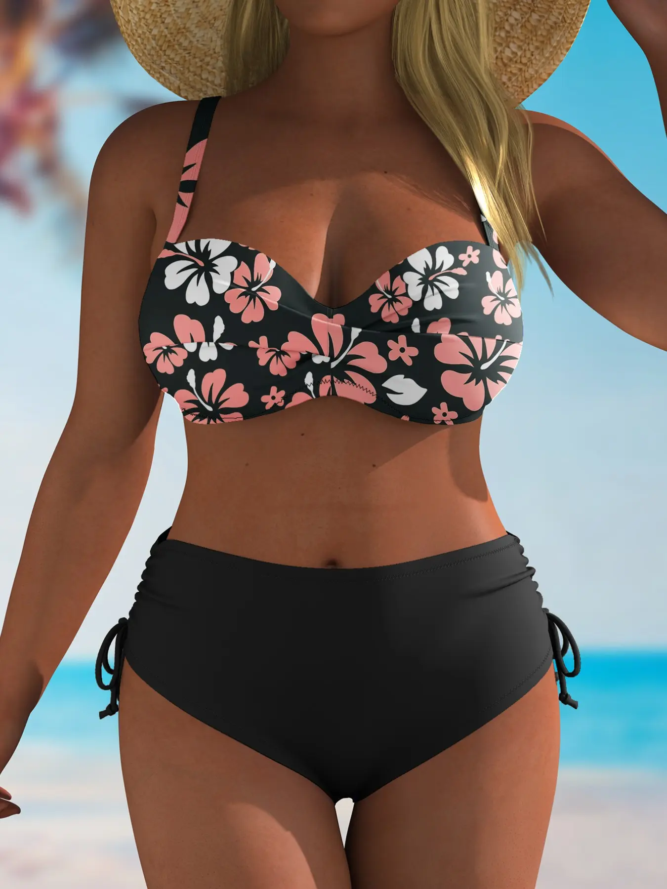 Women's Plus Size Fashion Hard Cup Swimwear Bikini Swimsuit Set, Floral Print High Waist Tummy Control Adjustable Straps Crossed Back Sexy Two-Piece