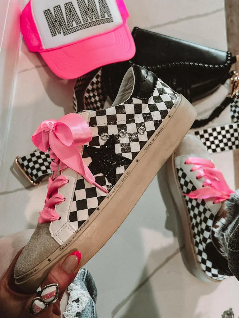 Harley's Checkmate Sneaker - Women's Casual Checkered Footwear with a Glitter Star and Crystal Accents, Walking Shoes, Classic, Boutique Sneaker