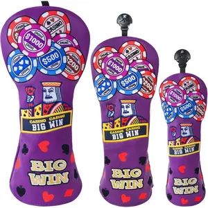 BIG TEETH Golf Club Head Covers, Driver Fairway Utility, Purple, Faux Leather, Golf