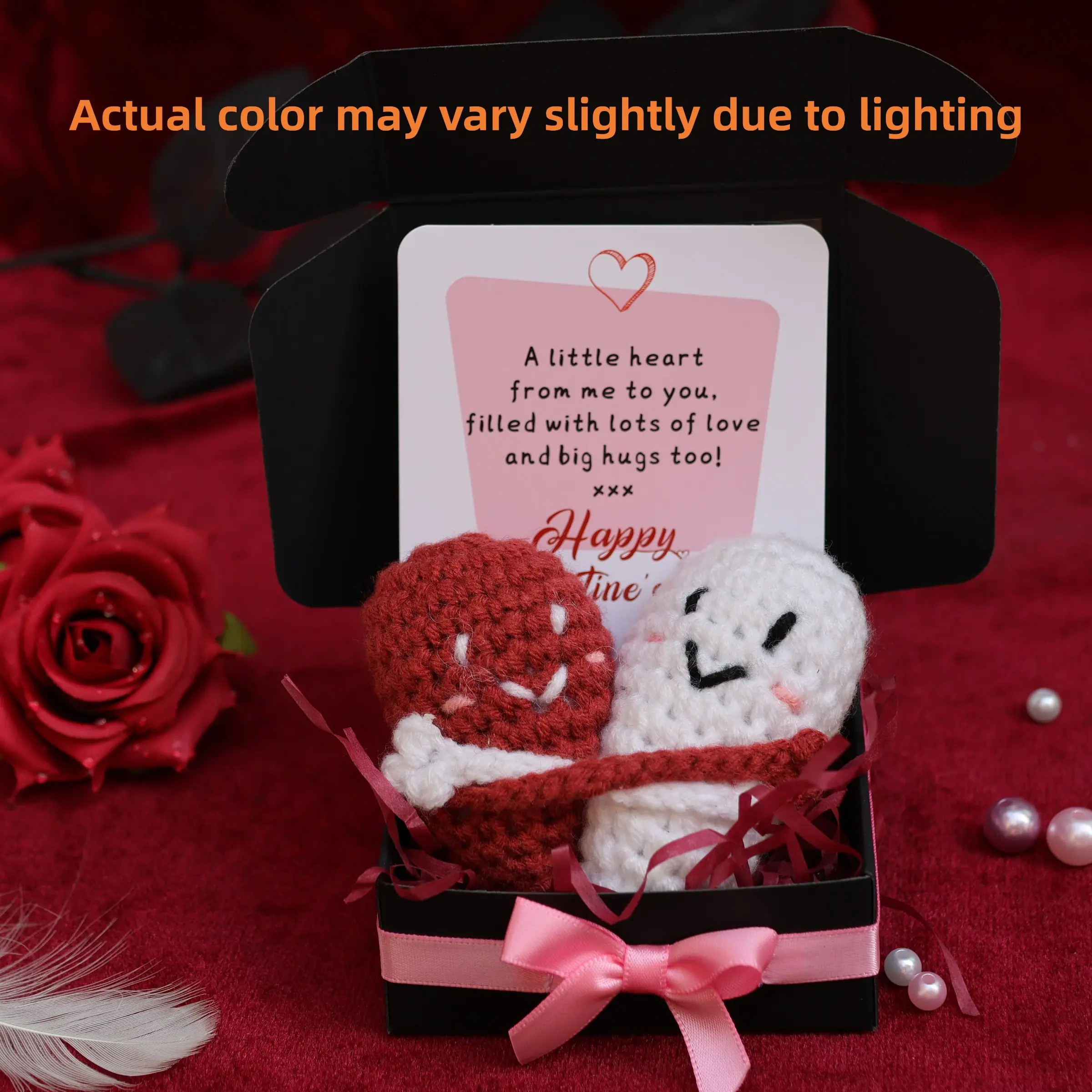 Valentine's Day Crochet Couple Heart Plush, Soft Cuddly Gift, Handmade Crochet Figure, Handmade Knitted Heart Gifts with Motivational Card for Boyfriend, Girlfriend, Spreading Love & Positivity, for Home Decor Office Coworkers Staff Appreciation Gifts