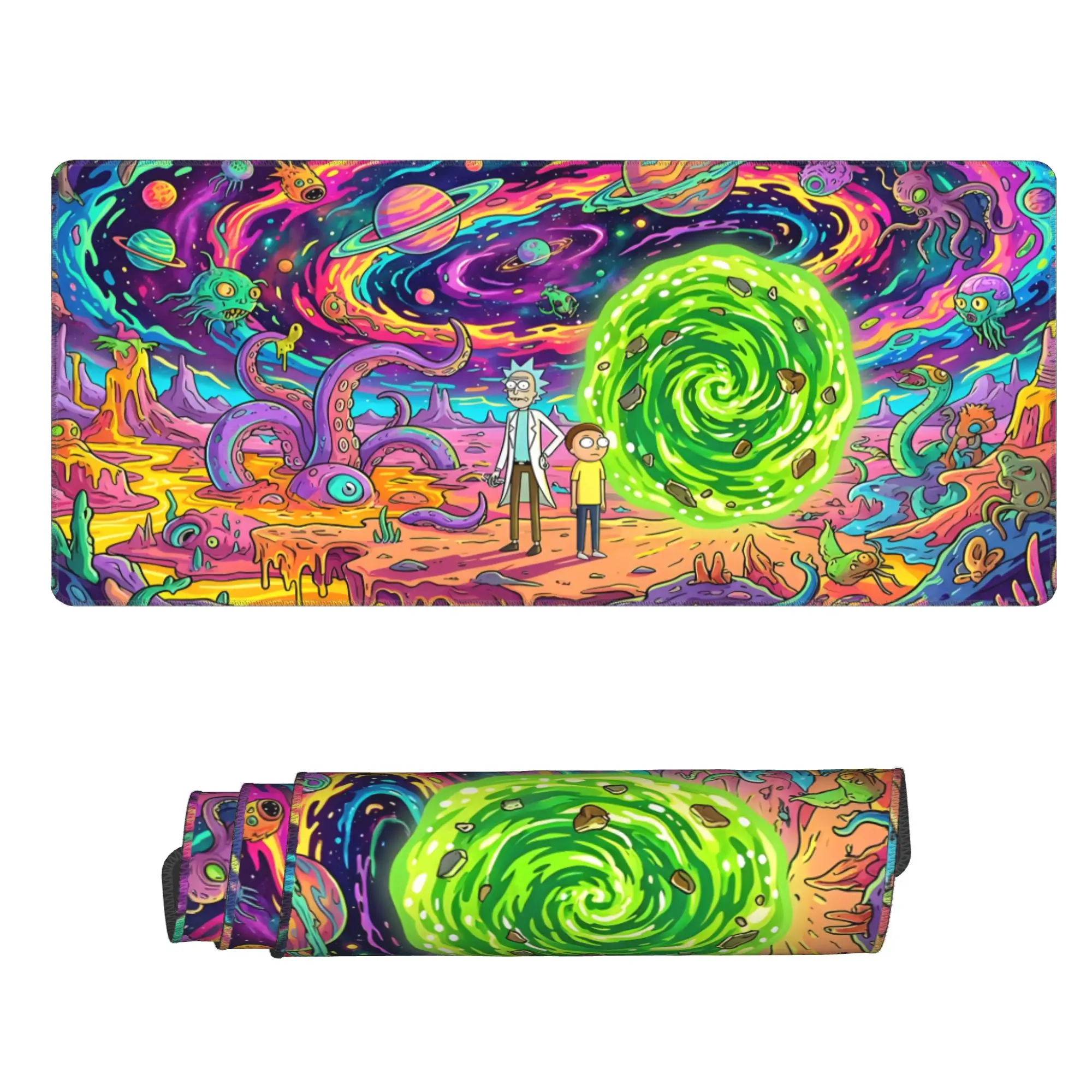 WB Rick and Morty Gaming Mouse Pad, Trippy Psychedelic Alien Planet Green Portal Scene Desk Mat, Non Slip Rubber Base Keyboard Mat, Stitched Edge Waterproof Desktop Pad Gift for Anime Cartoon Fans