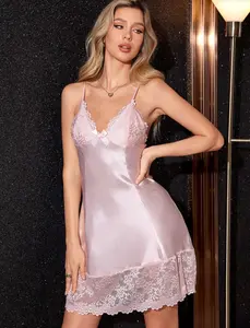 Sleeping dress, women's ice silk sleepwear, summer with chest cushion,Elegant lace-trimmed solid-color strapless sleepwear for women