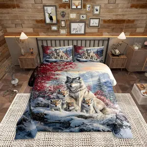 Feelyou Wolf Family Polyester Fibre Comforter Set - Multi-Size Bedding Sets with Watercolor Wildlife Natural Landscape Art, U-Stitching, Travel-Ready Winter Quilt for Adult Bedrooms, Queen Bedding Option, Queen Bedding Sets
