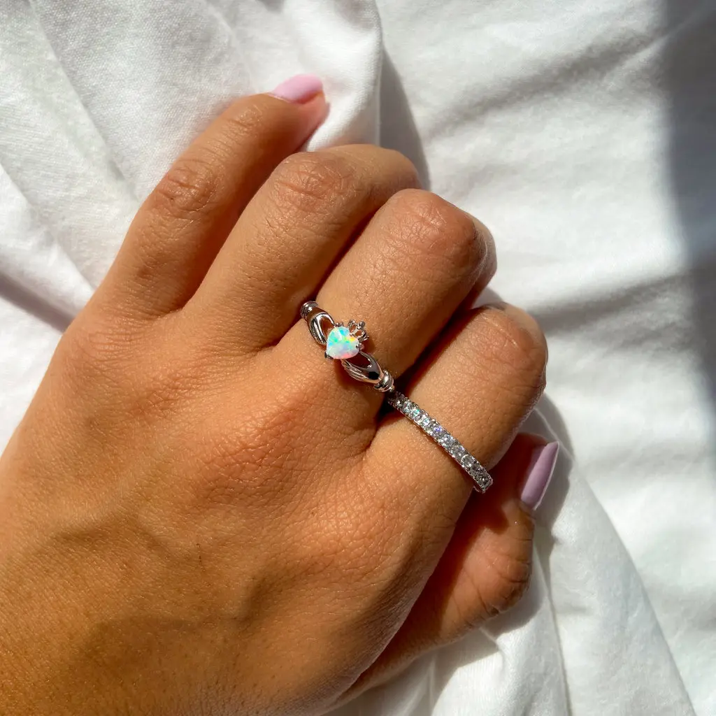 Vintage 925 Sterling Silver Claddagh Ring for Women, Heart-Shaped Iridescent Lab-Created Opal, Hypoallergenic Promise Jewelry for Anniversary, Birthday, Engagement, Opal Stone