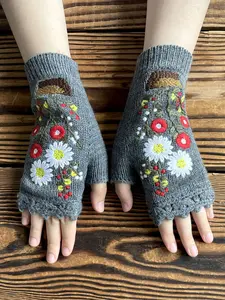 Women's Fashion Knit Fingerless Gloves with Floral Embroidery, Warm Winter Accessories, Casual Fitted Design for Fall & Winter Seasons