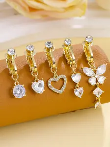 5PCS Gold/Silvery Body Jewelry Set Clip On Belly Button Rings Fake Navel Piercings with Heart Butterfly Crystal Dangle for Women Non Piercing Double Heart Belly Rings