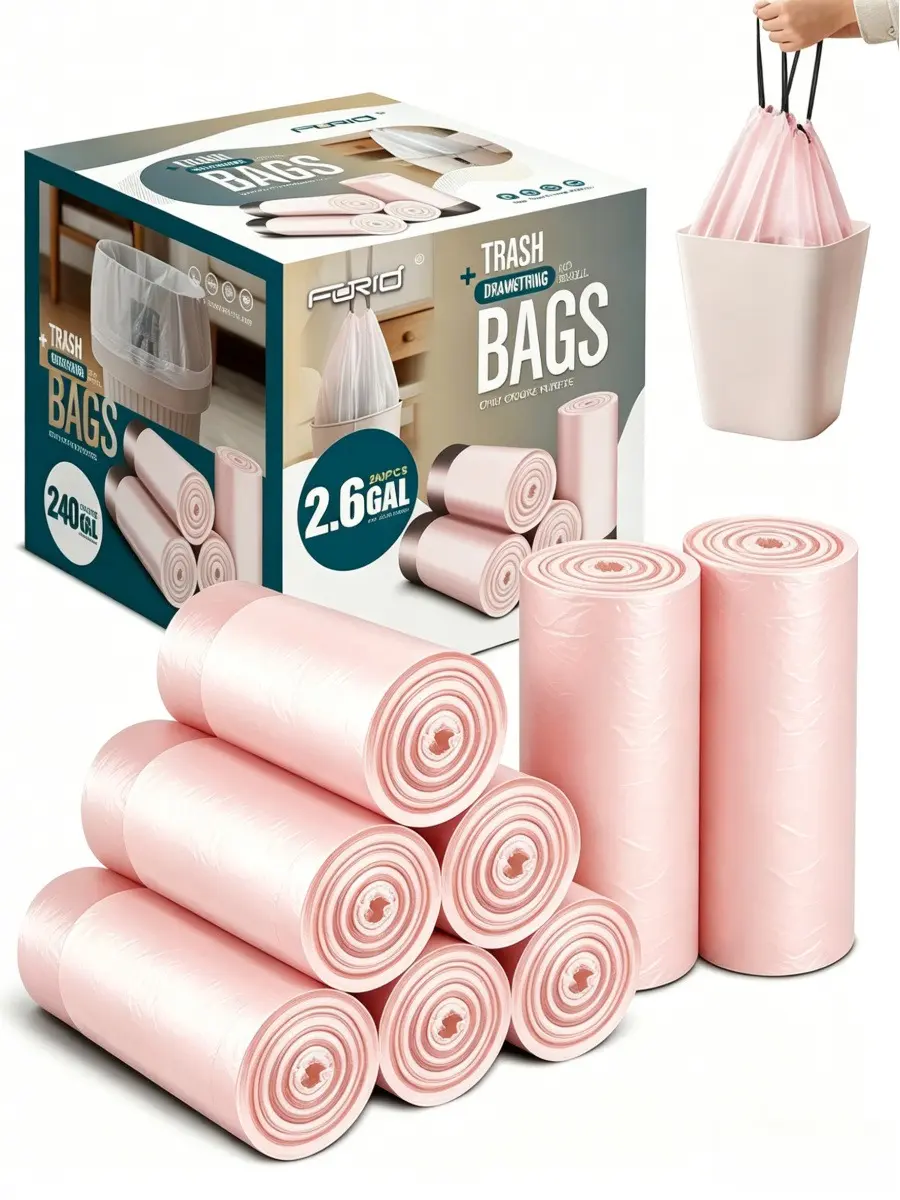 150-Piece Rose-Scented Pink Plastic Hanging Drawstring Trash Bags, 8-Gal Capacity, Thick, Odor-Proof, Tear-Resistant, Easy-Tear Perforation Household Pouch for Kitchen, Bathroom Clean Home Supplies