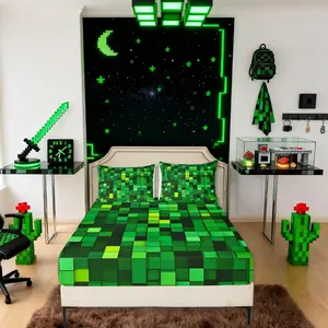 Pixelated Blocks Miners Kids Fitted Sheet,Video Games Game Gamepad Boys Girls Bed Sheets,Geometric Grid Patchwork Room Decor,Green Bedding Set,(No Flat)