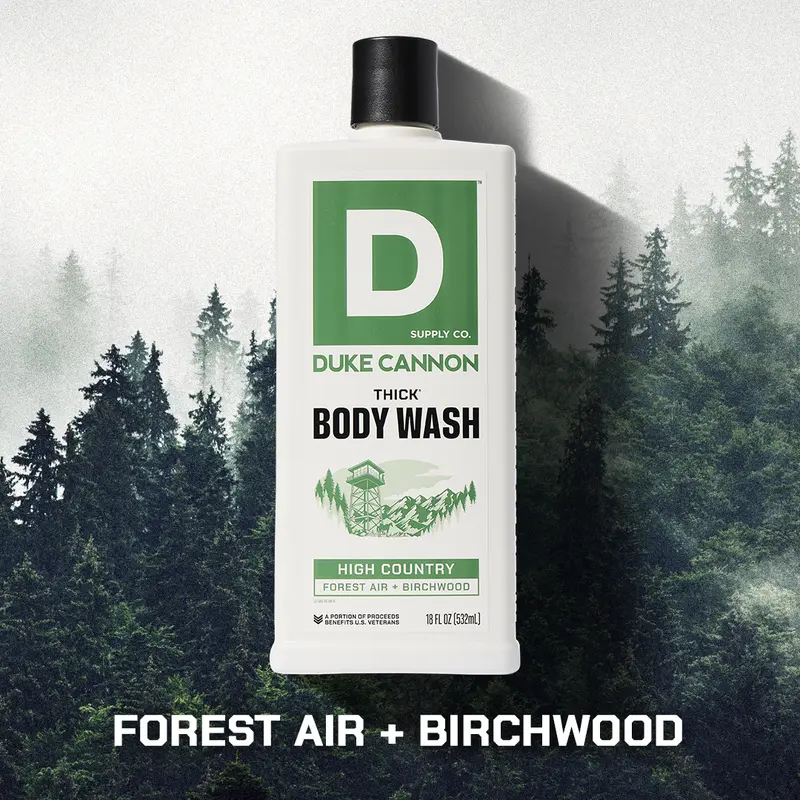 Duke Cannon Supply Co. THICK High-Viscosity Body Wash for Men - High Country, Forest Air and Birchwood Scent, Superior Lather and Natural Exfoliate, Premium Ingredients, Body Care Daily Cleanser, Sensitive Skin Friendly, 18 Fl oz