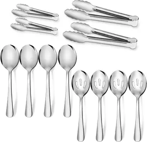 12PCS Stainless Steel Serving Utensils Sets - Large Serving Spoons, Slotted Spoons, Serving Tongs, Appetizer Tongs, Utensills Sets for Buffet Catering Banquet Party (Silver)