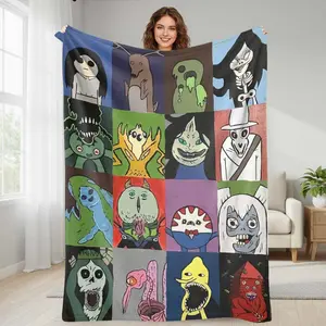 Surreal Horror Cartoon Character Print Flannel Blanket - Wrinkle Resistant, Ultra-Soft, Breathable, Lightweight - 40 – 56 In, Ideal for Living Room, College Dorm - Perfect Gifts for Fans, Suitable for Business Trips & Daily Office Life Home Textile