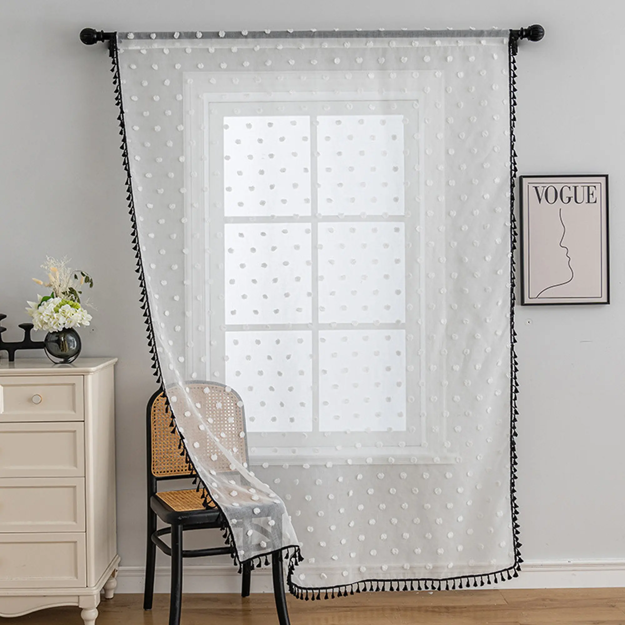 1pc Polka Dot Tassel Sheer Curtain with 3D Velour Dot Pattern, Tassel Edging, Perfect for Living Room Bedroom Balcony Dining Room