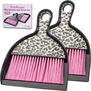 2-Piece Mini Dustpan & Brush Set - Pink Leopard Print, Small Hand Broom and Dustpan for Desk, Home, Car, Pet, Kids Cleaning