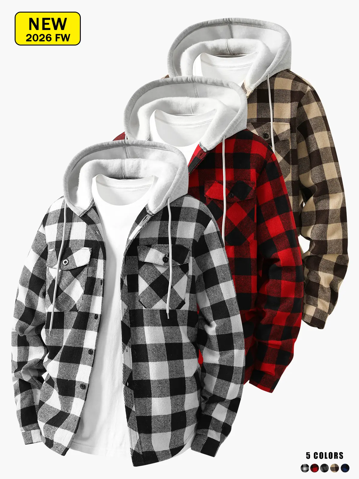 Men’s plaid hooded shirt jacket, button-front long-sleeve shirt jacket with dual chest pockets, loose fit, everyday outerwear for autumn and winter
