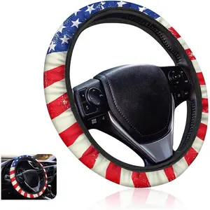 1 PC Car Steering Wheel Cover, 14.9" American Flag Decoration Non-slip Breathable Easy-Grip Cover for All Seasons, Washable and Dustproof Tight Fitting Protector, Universal for Cars (Red)