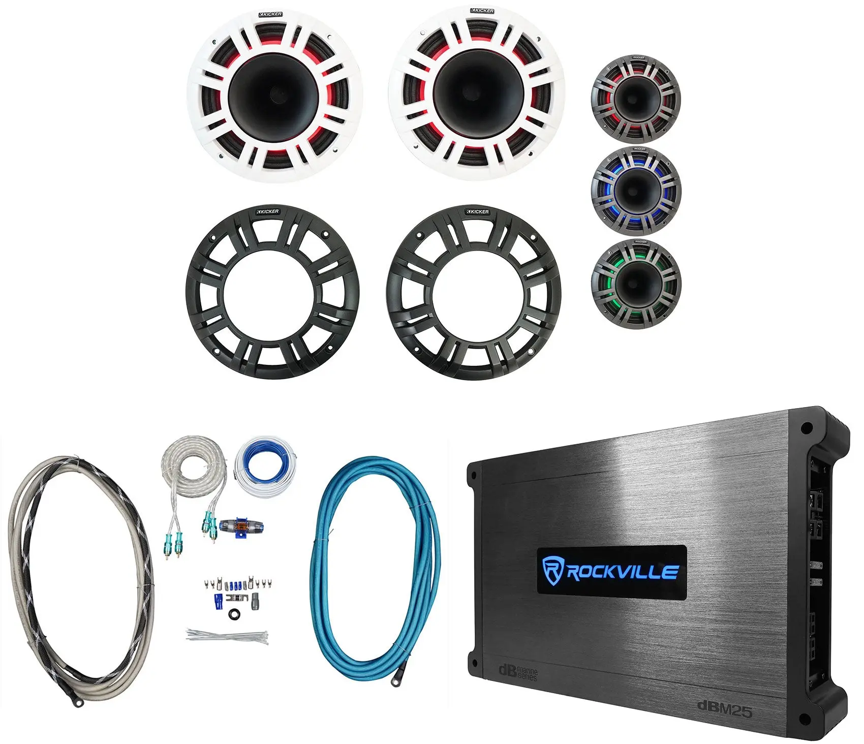 KICKER 48KMXL84 Marine Audio Speaker Bundle - 8" 500W Waterproof Speakers with LEDs, 2-Channel Amplifier, Adjustable Steel Wires, Remote Control, Water Proof