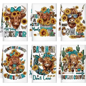 6 count Highland Cow Kitchen Towels Set Funny Highland Cattle  Towels Absorbent Sunflower Dish Towels Western Farm Cattle Hand Towel for Cleaning Drying Women Mom Housewarming Gifts Decor