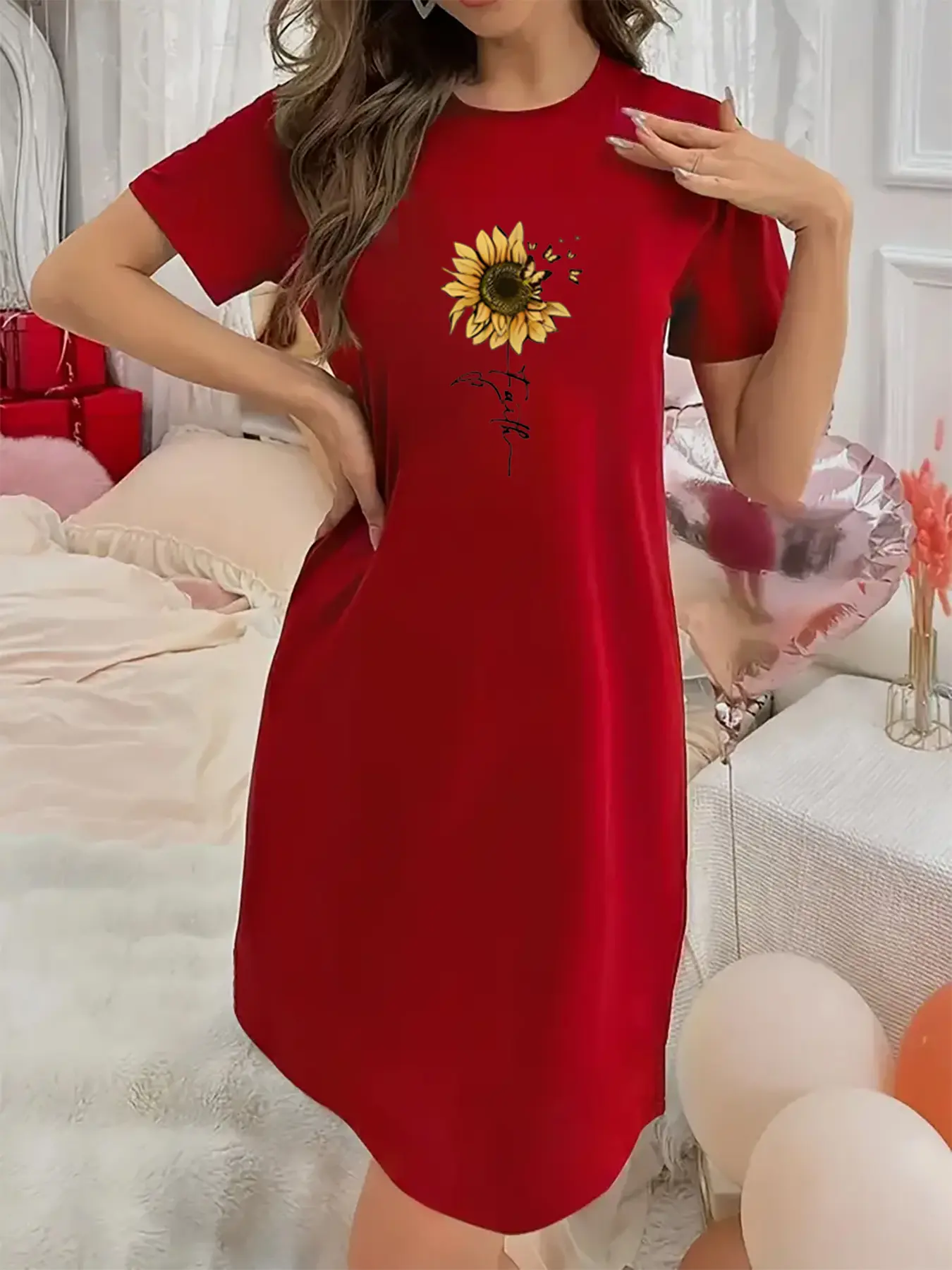 Soft and Slightly Stretchy Women's Nightgown Christmas Attire Sunflowers and Butterflies Pattern Short-Sleeve Crew Neck Nightdress Sexy, Elegant, and Youthful Women's Christmas Dress Perfect for Halloween, Christmas, and New Year's Gifts