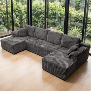 132" 4-Seater Boneless Cloud Couch, Dark Gray Striped Corduroy Modular Sectional Sofa with Reversible Chaise, Modern U-Shaped Convertible Sofa for Living Room, 3 Packages Shipping Oversized floor seats  Foldable Plush Lounge Black Grey furniture Bed