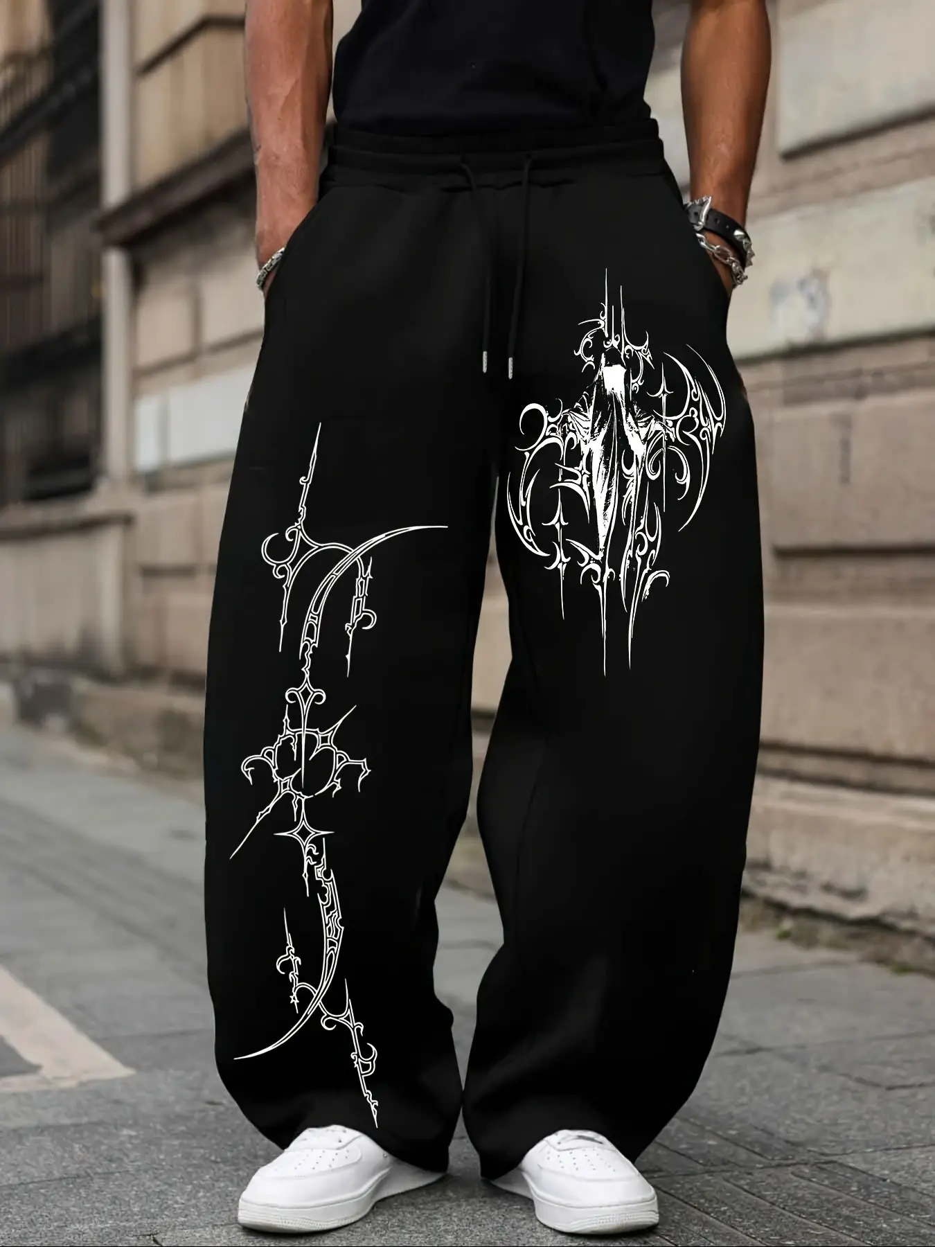 Men's Gothic Tribal Print Wide Leg Pants, Y2K Cyberpunk Loose Drawstring Trousers, Unisex Street Style Long Pants, Casual Comfy Trouser for Casual Wear