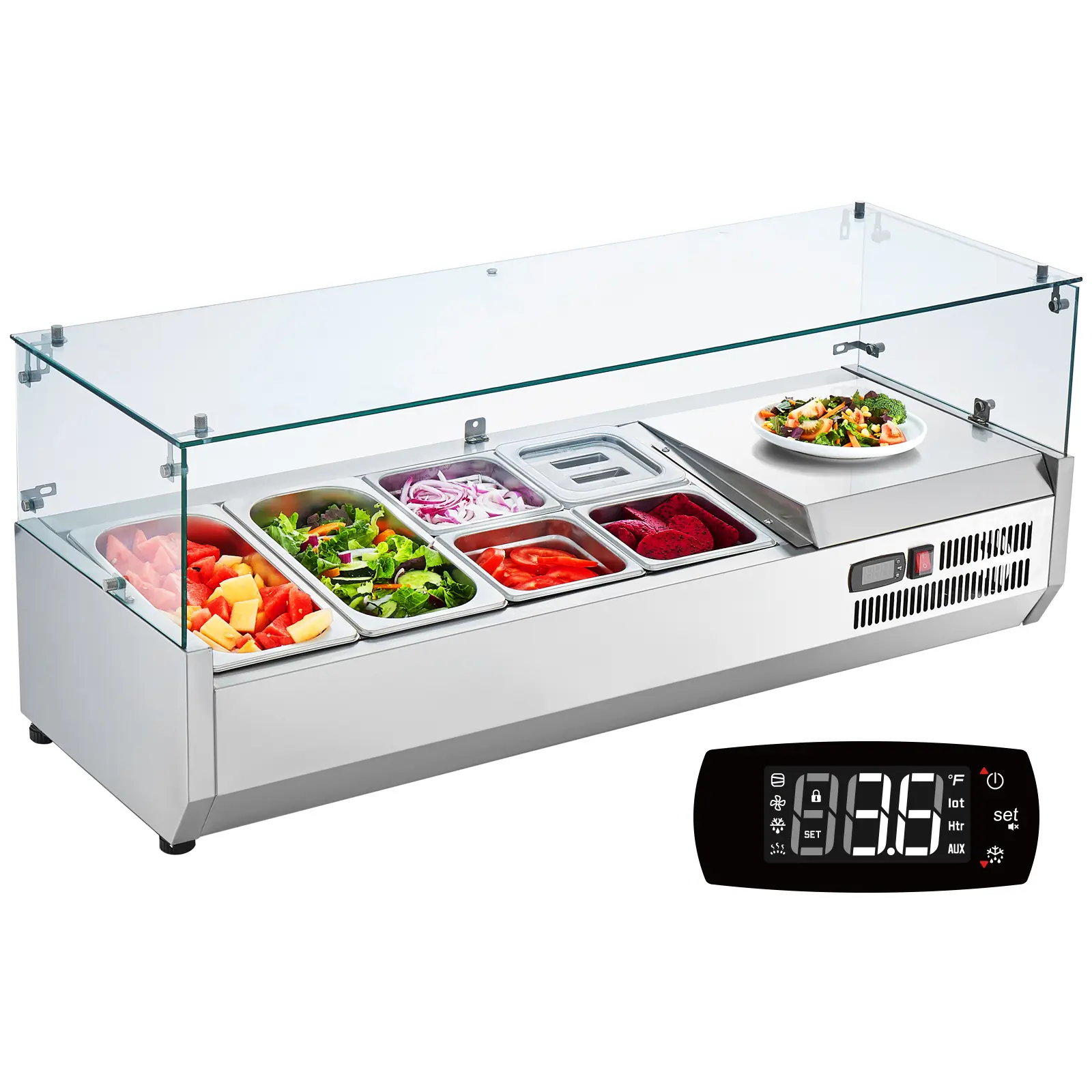 【BackToSchool】VEVOR Sturdy Countertop Refrigerated Condiment Prep Station Set, 135W Kitchen Gadgets, 304 Steel Body, Transparent Flexible PC Lid & Glass Guard, 2 1/3 Pans & 4 1/6 Pans, Sandwich Cooling Food Storage, ETL Certified, Utensils, Stainless