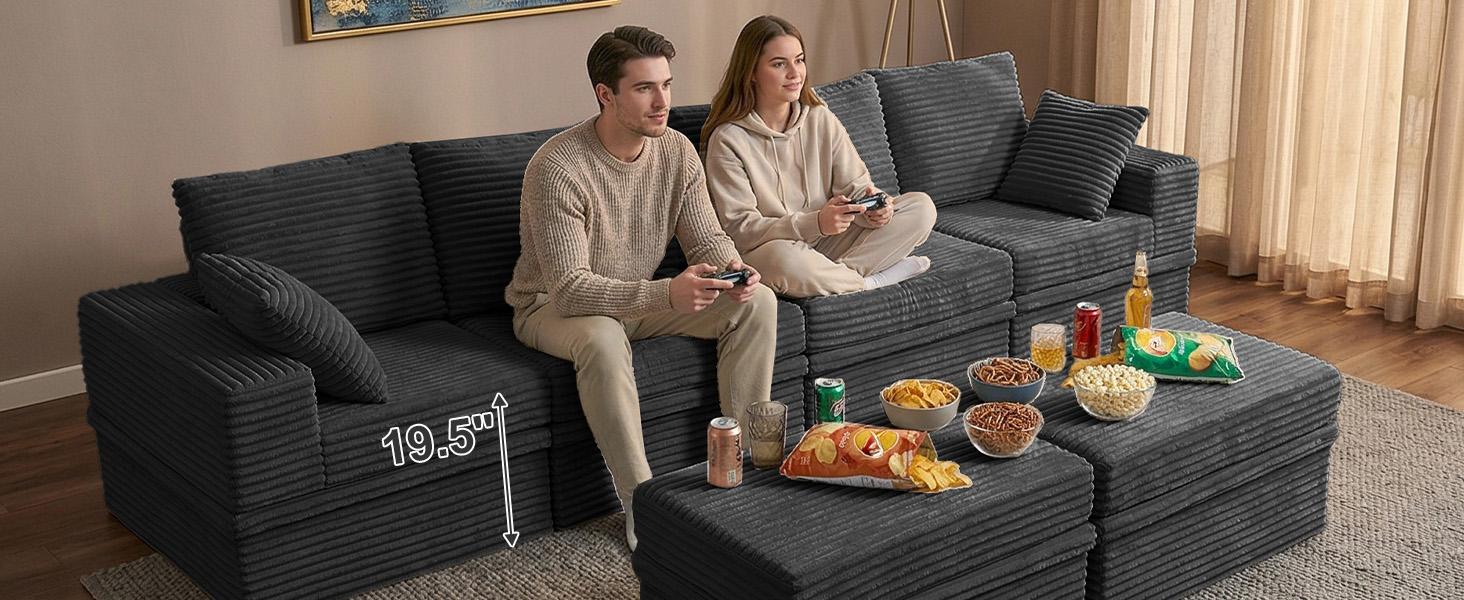 【3 Packages Shipping】NABUMI 142" Modular Sectional Sofa with Storage, Oversized U-Shaped Cloud Couch with Ottoman, 27" Deep Seat Memory Foam Corduroy 6-Seater Couches, Ergonomic Memory Foam, Free Combination, Tool-Free Assembly, Black BeigeDark Gray Green