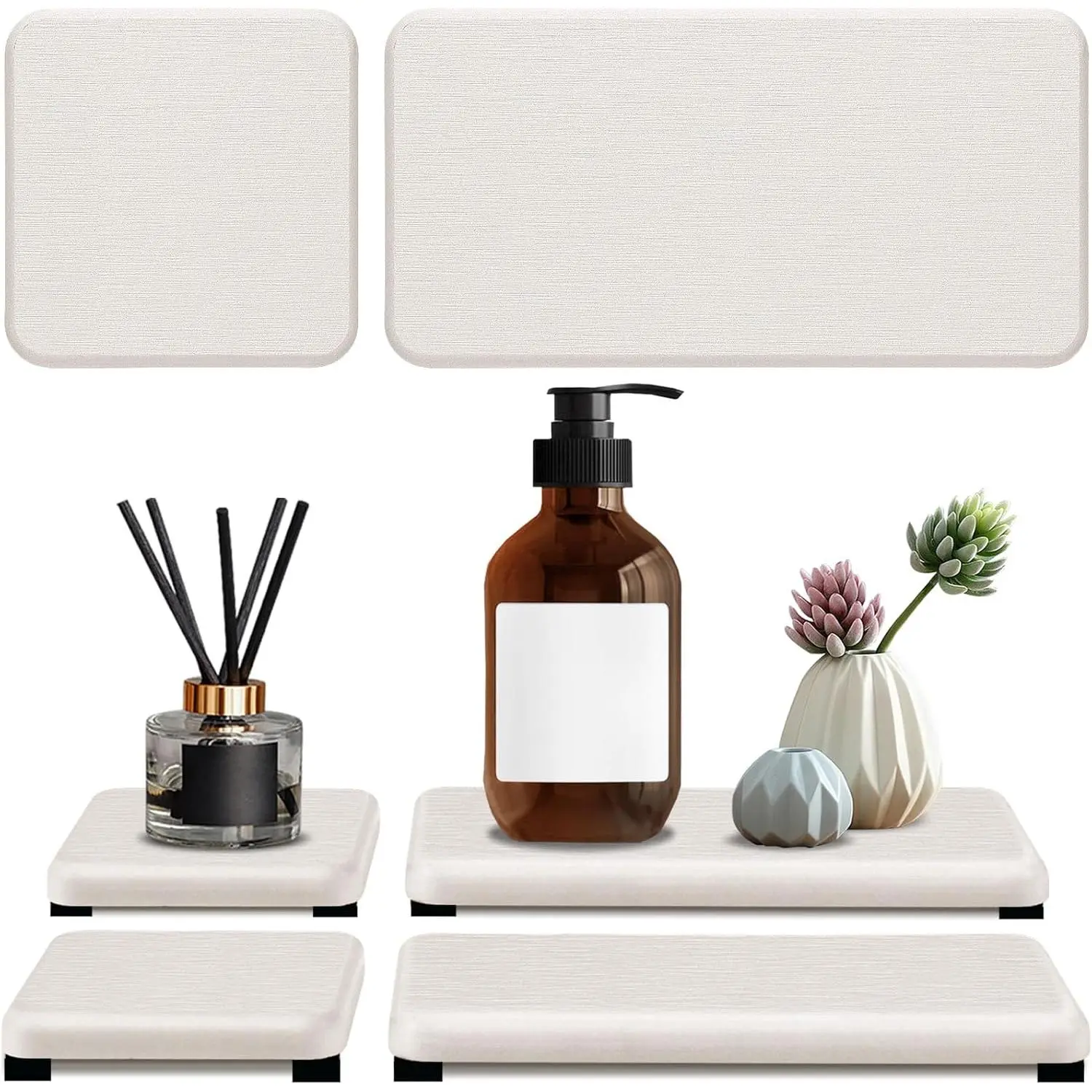 4PCS Water Absorbing Stone Tray, Quick Drying Diatomite Stone Sink Tray, Water Absorbent Stone Coasters for Bathroom Counter, Kitchen Soap Dish Holders Toothbrush Holders in Modern Home