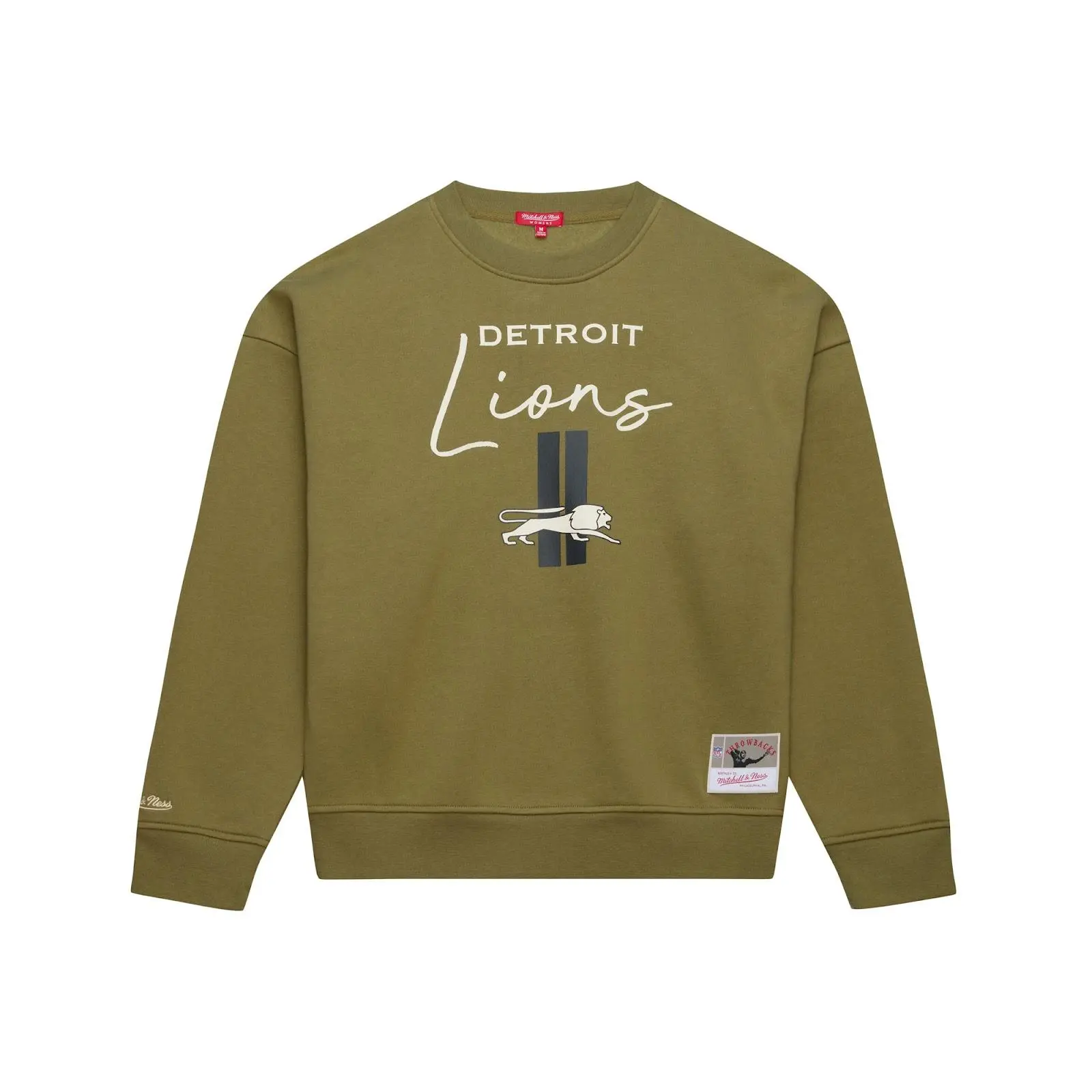 Women's Detroit Lions Olive Midweight Crewneck Sweatshirt NFL Throwback Vintage Fan Gear Mitchell & Ness