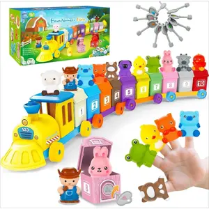 Z-MTS7 Farm Animals Train with 11 Finger Puppets, 10 Barns with Keys, Counting, Matching, Sorting Montessori Learning Toy for Toddler 1 2 3 4 Years Old, Educational Birthday Gift for Boys Girls Kids, 36PCS